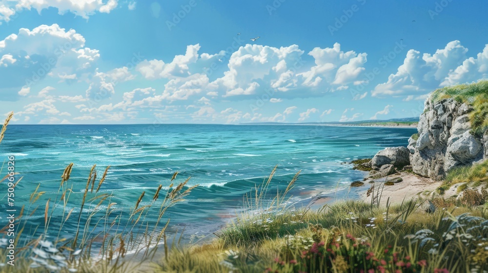Poster a serene ocean view from a high cliff, perfect for travel and nature concepts