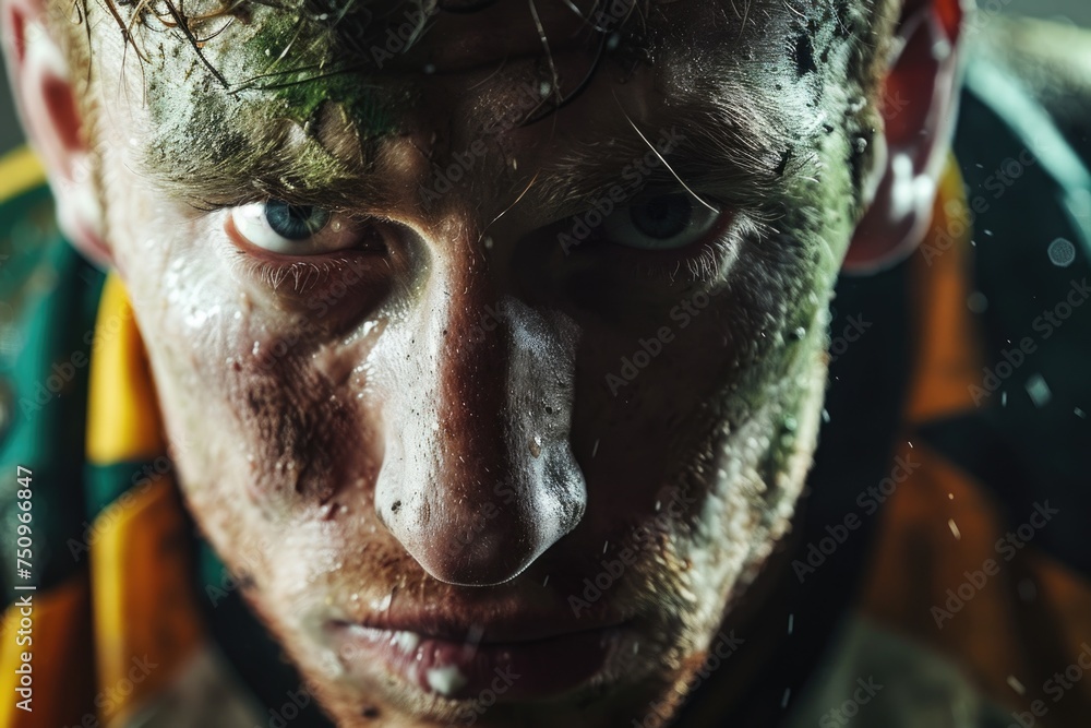 Poster a close-up of a man with a wet face, suitable for various concepts