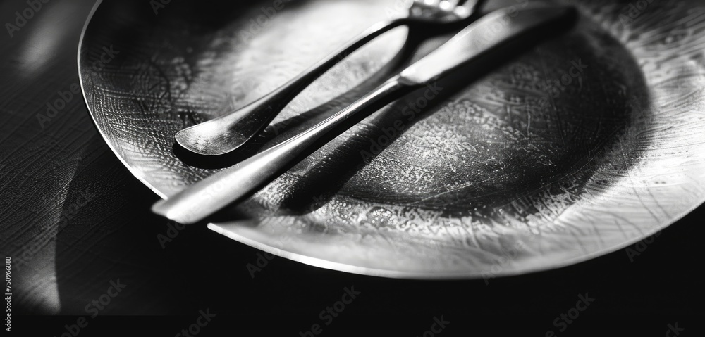 Poster a plate with two forks and a knife, suitable for dining table settings