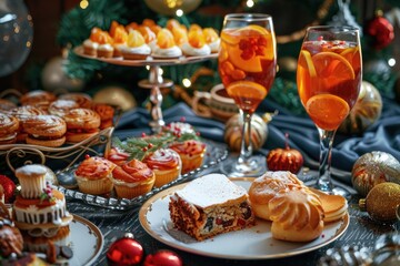 Fototapeta premium Table set with plates of food and glasses of wine, perfect for restaurant or dining concept