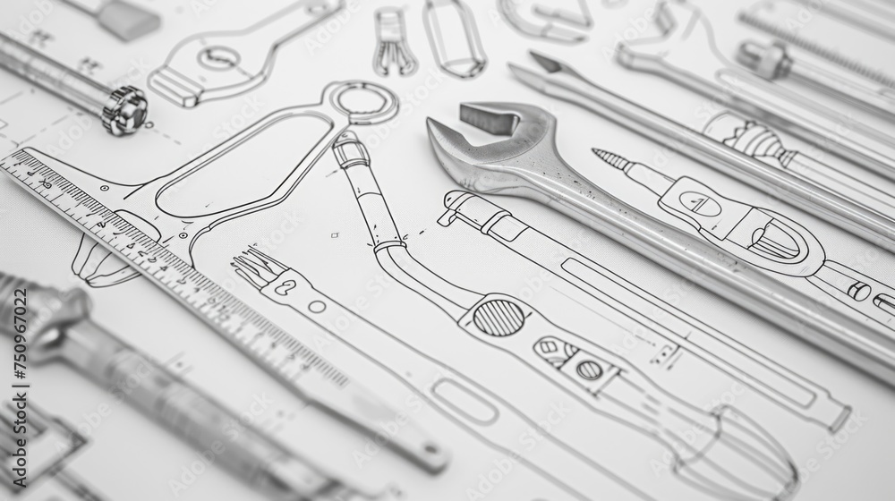 Poster Various tools scattered on top of a table. Suitable for DIY projects or workshop themes