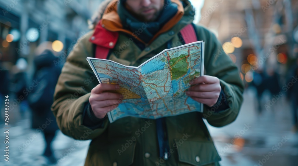 Poster man holding a map, useful for travel concepts