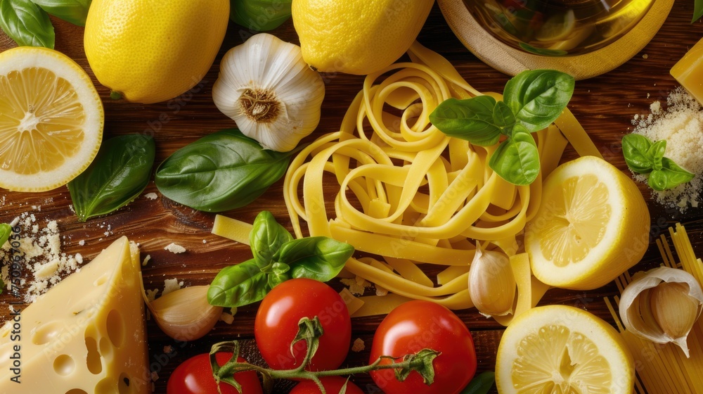 Poster assorted food items displayed on a wooden table. ideal for food blogs and restaurant menus