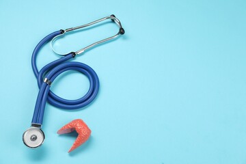Endocrinology. Stethoscope and model of thyroid gland on light blue background, top view. Space for...