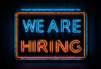 A glowing neon sign that reads We are hiring in blue and orange against a dark wall. We are hiring sign for hiring ads, recruitment.