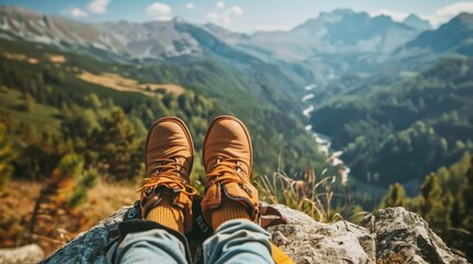 A person relaxing on a rock with their feet up. Suitable for outdoor and leisure concepts