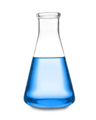 Conical flask with blue liquid isolated on white. Laboratory glassware
