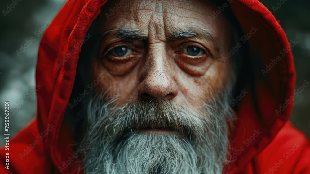Poster a close up of a person wearing a red hoodie. suitable for various concepts