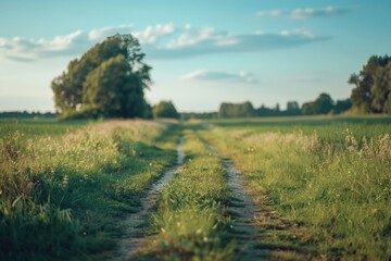 Obraz premium Scenic view of a dirt road in a lush green field, perfect for nature backgrounds
