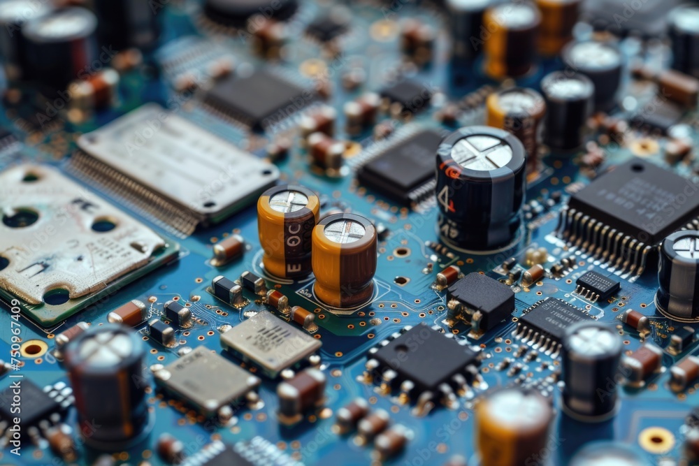 Poster Detailed view of electronic components on blue background. Suitable for technology concepts