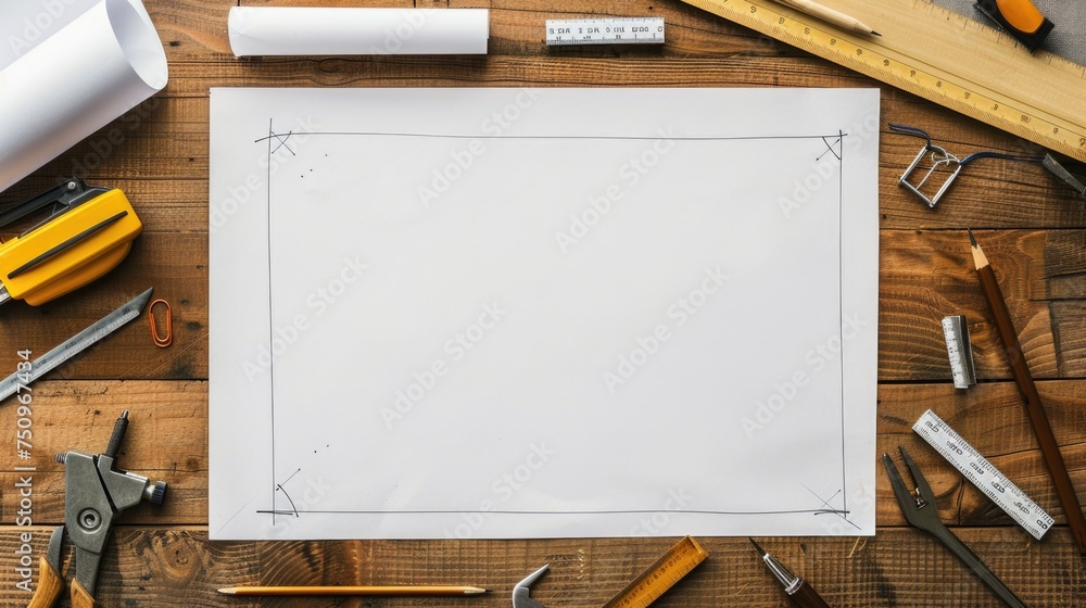 Poster a piece of paper on a wooden table. suitable for various office or study concepts