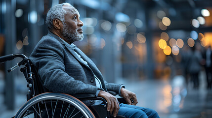 Elderly black man in wheelchair reflecting on life, in a modern public space, symbolizing age, solitude, and contemplation.