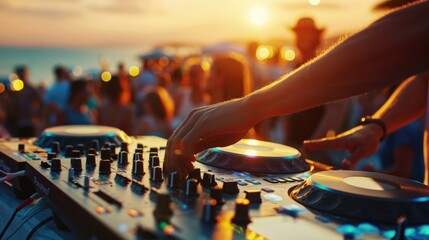 A DJ mixing music at a lively beach party. Perfect for event promotions