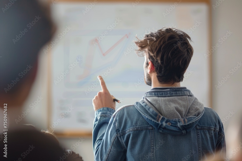 Poster a man in a denim jacket pointing at a whiteboard. suitable for business presentations