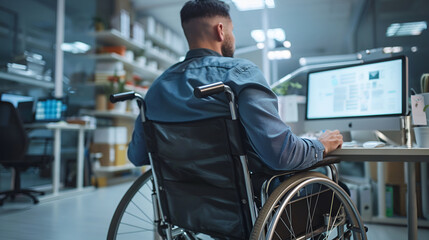 A dedicated professional in a wheelchair working at an accessible office desk, embodying workplace inclusivity.