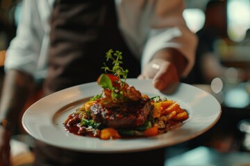 A person holding a plate of food, perfect for food bloggers and restaurant promotions