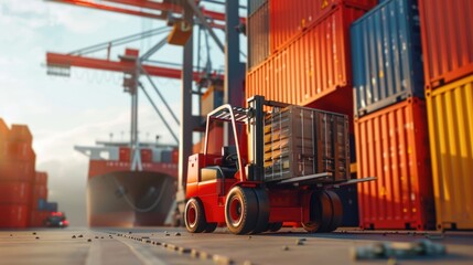 Industrial forklift truck parked in front of a large container ship. Suitable for logistics and transportation concepts - obrazy, fototapety, plakaty