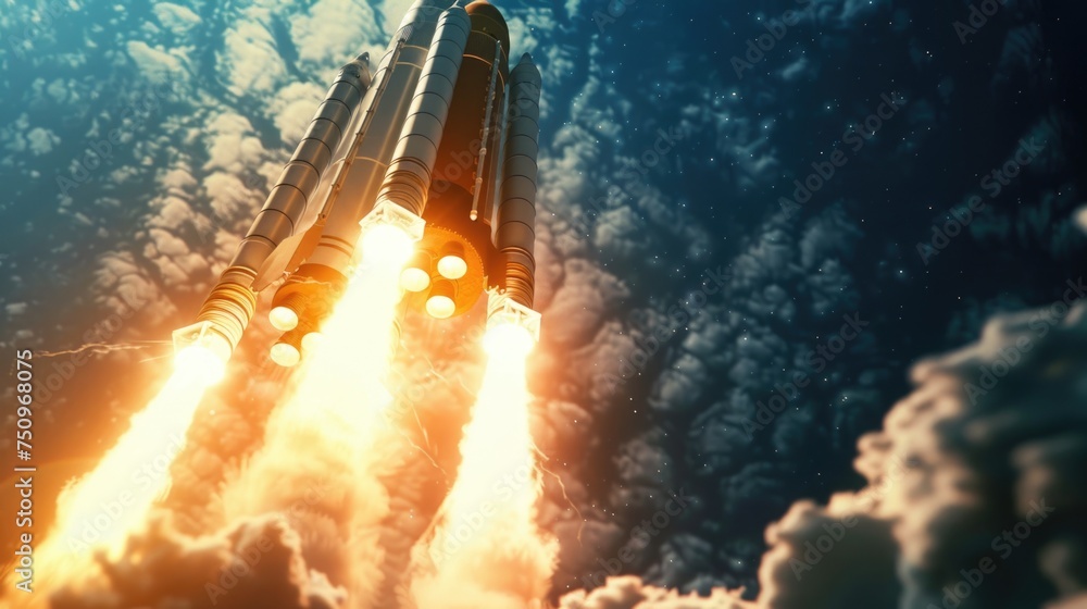 Aufkleber A space shuttle flying through the air with smoke coming out of it. Suitable for science and technology concepts