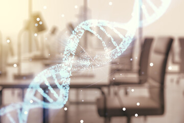 DNA hologram on a modern furnished classroom background, science and biology concept. Multiexposure