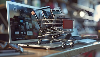 Small supermarket cart with cellphones on a laptop