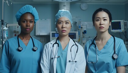 Portrait of 3 young, multiracial female doctors in an operating room