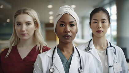 Portrait of 3 interracial female doctors in a hospital