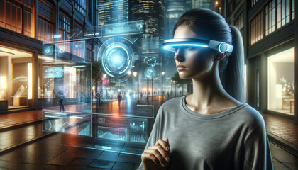 A futuristic image of a person using AI smart glasses against a neon-lit smart city backdrop, showcasing the everyday integration of advanced technology.