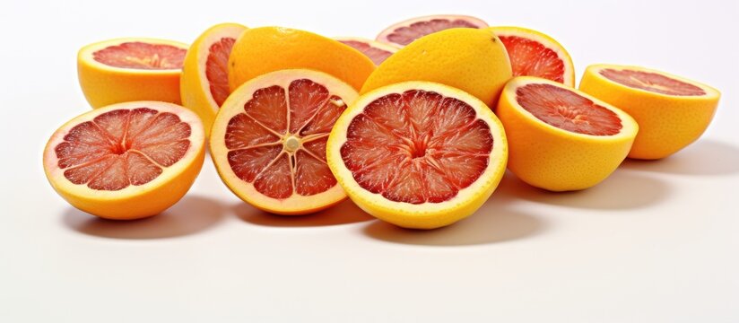 A collection of Bacupari fruits cut open in half, showcasing their vibrant orange hues and juicy interior. The fruits are neatly arranged on a white table, highlighting their fresh and appetizing