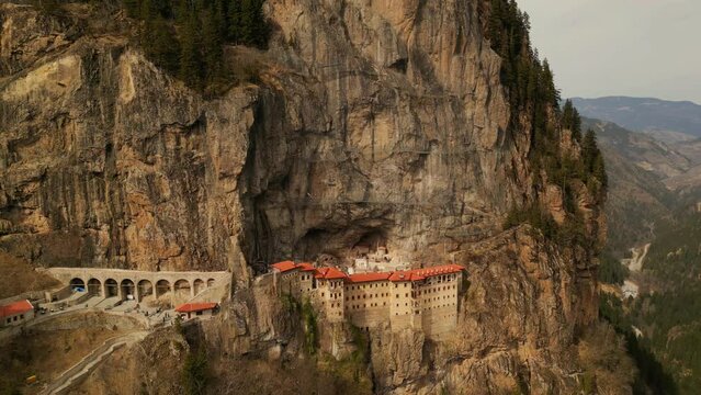 Aerial Soumela Monastery, A monastery carved in mountain in Trabzon Province of Turkey, 4K Stock Video