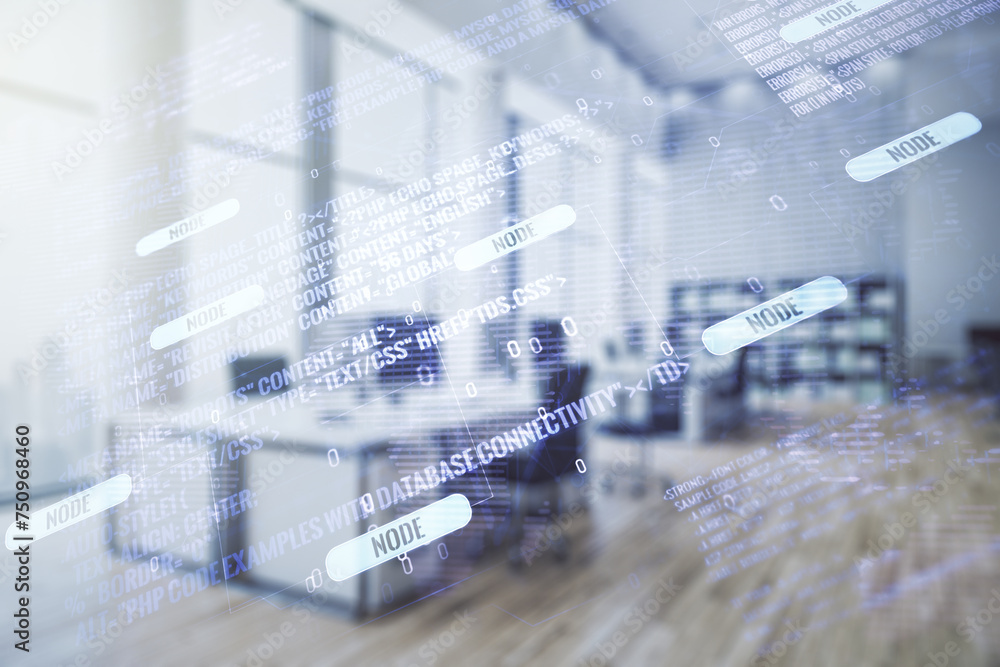 Aufkleber Abstract virtual coding concept and world map hologram on a modern furnished office background. Multiexposure
