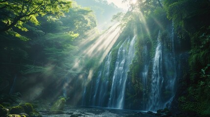 A beautiful waterfall in a lush green forest. Suitable for nature and travel themes