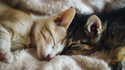 Two cute kittens peacefully sleeping on a cozy blanket, perfect for pet lovers and animal enthusiasts