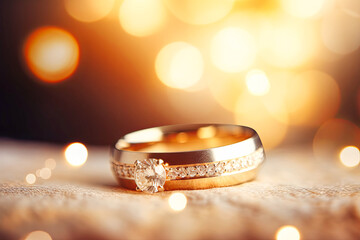 Two Gold Wedding Rings With Sparkling Lights in the Background - obrazy, fototapety, plakaty