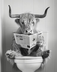 Highland Cow Reading Newspaper on Toilet in Monochrome
