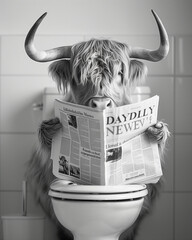 Highland Cow Reading Newspaper on Toilet in Monochrome
