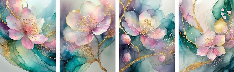 Set of cards with fluid art painting in alcohol ink technique, flowers, for backgrounds, posters, flyer, wall decor