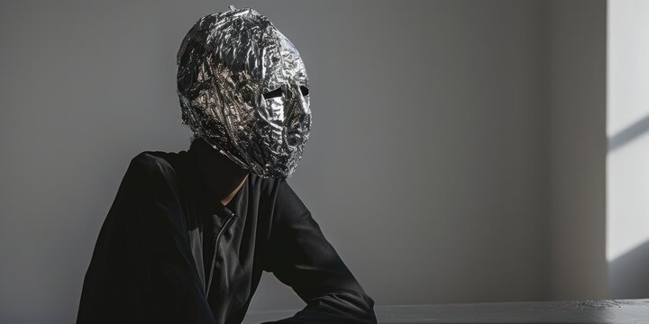 A man wearing a mask sitting at a table. Suitable for lifestyle or mystery themes