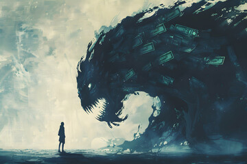 Conceptual Art of Person Facing a Money Tornado Monster. Illustration - obrazy, fototapety, plakaty