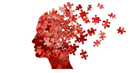 Human head profile and jigsaw puzzle, cognitive psychology or psychotherapy concept, mental health, brain problem, personality disorder, vector line design transparent background png