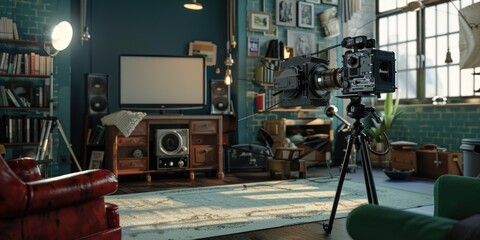 A well-furnished living room with a camera. Suitable for interior design concepts
