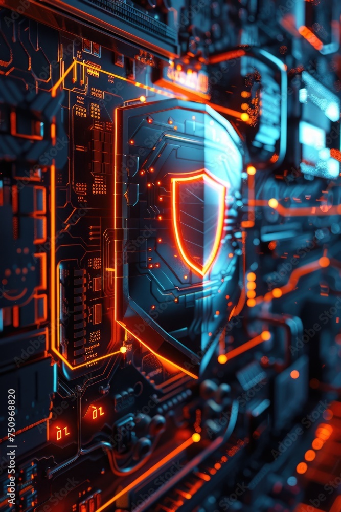 Aufkleber glowing shield on a computer motherboard, ideal for technology concepts