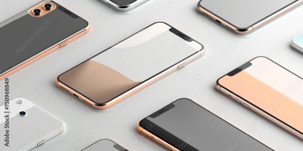 Poster group of different colored cell phones on a white surface. suitable for technology concepts