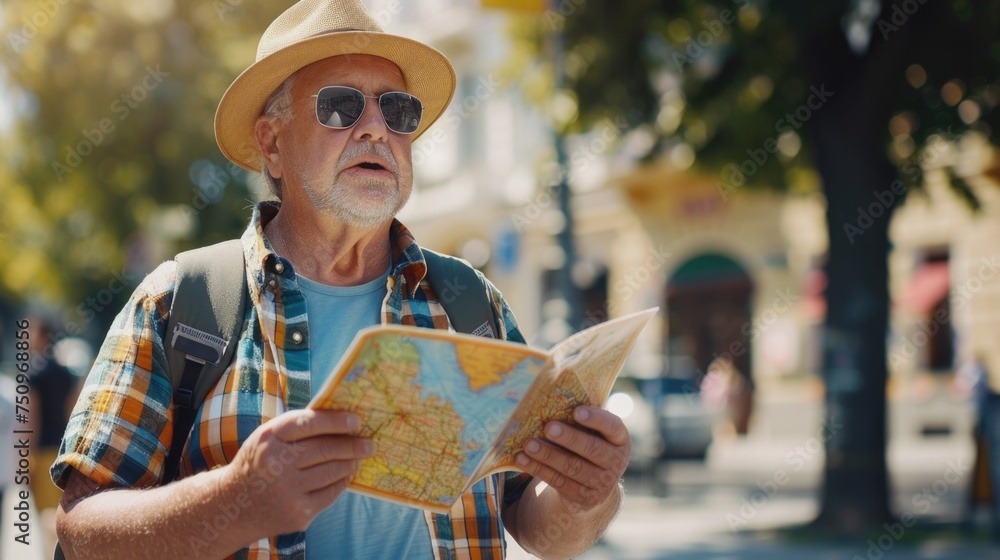 Poster a man wearing a hat and sunglasses looking at a map. suitable for travel or navigation concepts