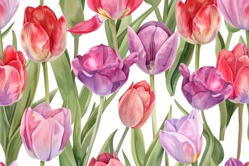 Obraz premium Beautiful pink and purple tulips on a clean white background. Perfect for spring and floral themes