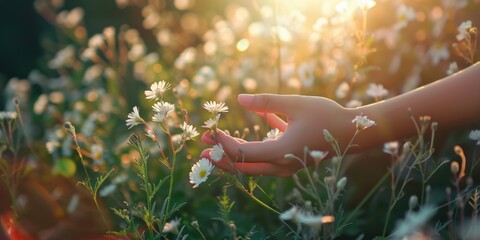 Person holding a white flower in a field, suitable for nature and relaxation concepts - Powered by Adobe