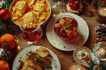 Table set with food and wine, suitable for restaurant menus or dining promotions