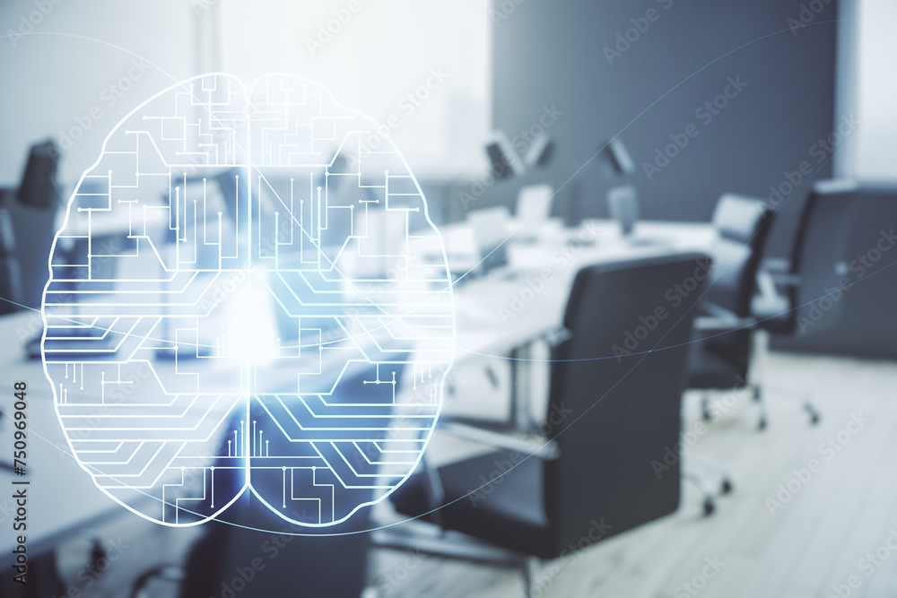 Aufkleber double exposure of creative artificial intelligence interface on modern corporate office background.