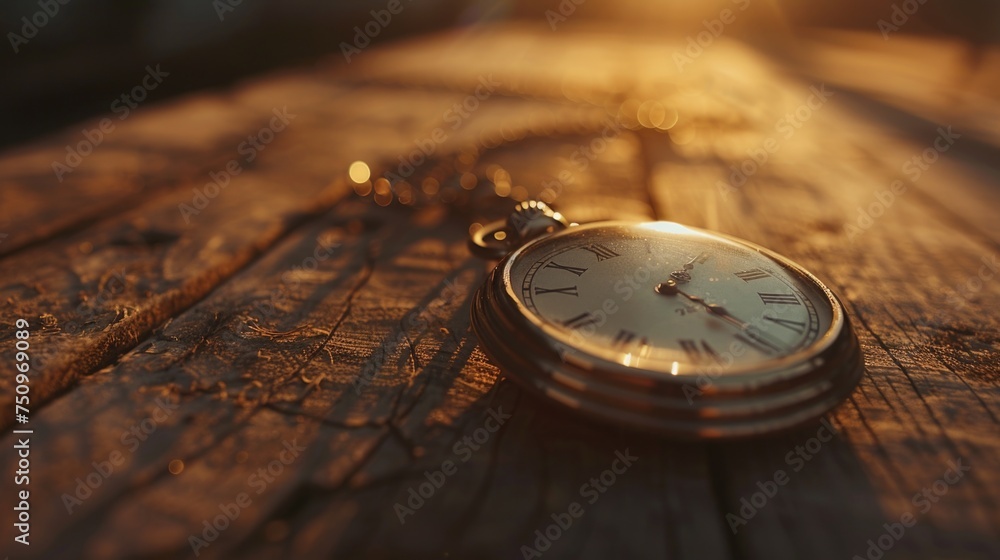 Poster a vintage pocket watch resting on a rustic wooden table. ideal for time management concepts
