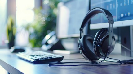 A computer desk with a keyboard and headphones. Perfect for technology concepts