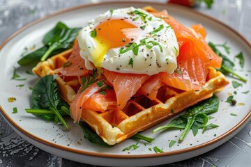 Delicious waffle topped with smoked salmon and a perfectly cooked egg. Great for food blogs or breakfast menus